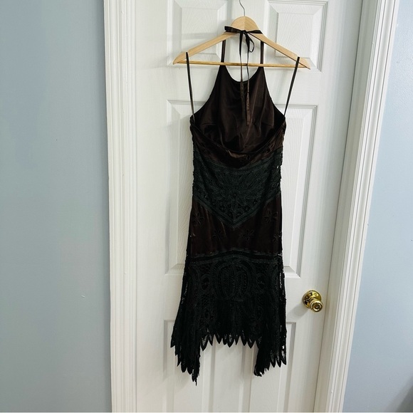Vintage Cache Dress Midi Halter Lace Brown Black Boho Cocktail Size Extra Small - Picture 4 of 5